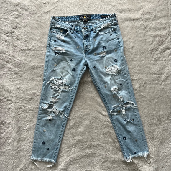 Lucky Brand light colored ripped jean, embroidered flowers sienna slim boyfriend - Picture 2 of 6